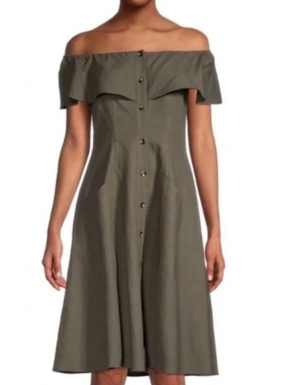 Saks Fifth Avenue Linen Blend Off Shoulder Dress Womens 8 Olive Green New